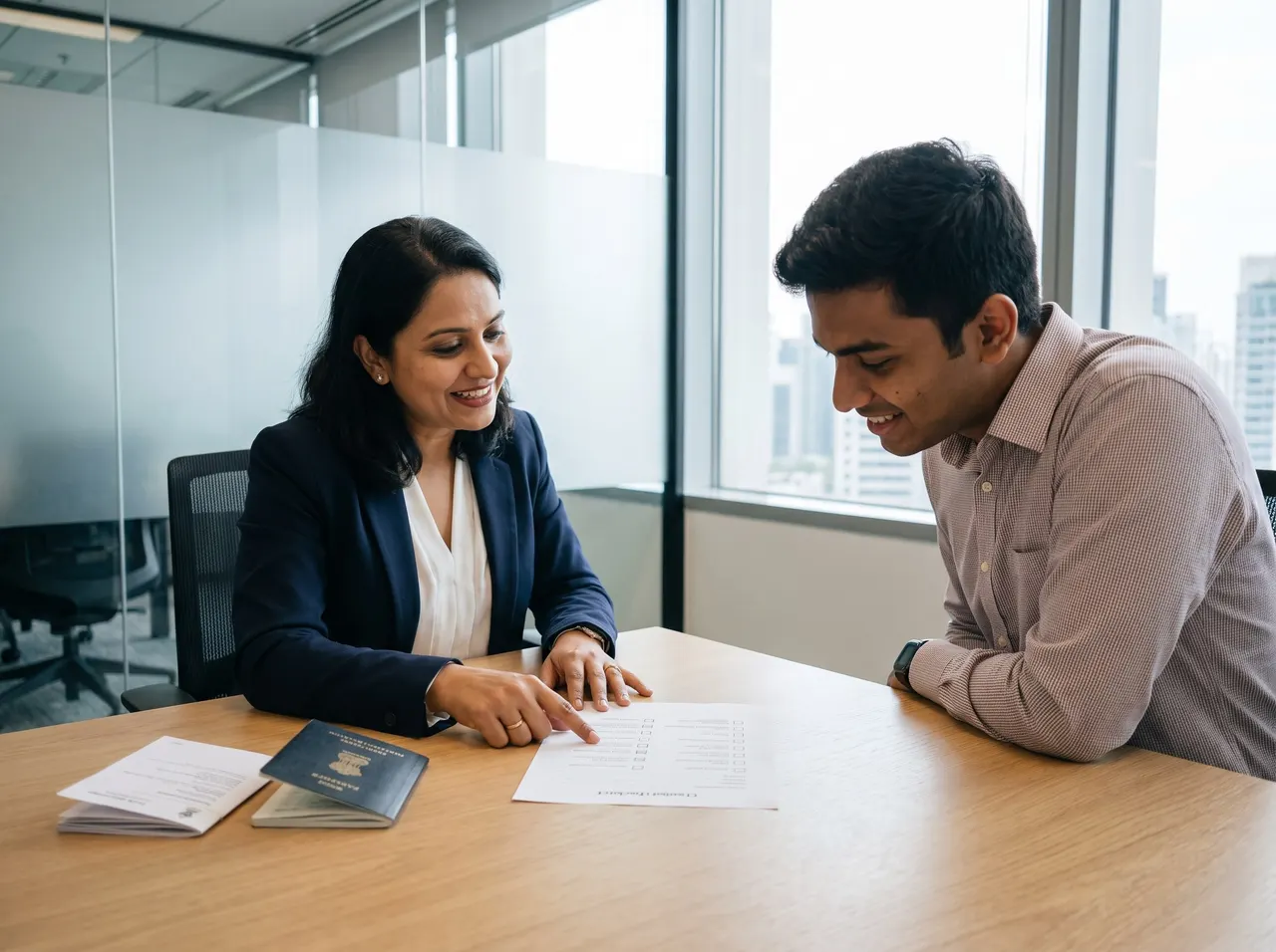 A Nasrec recruiter on a call with a job seeker, CV open on the desk