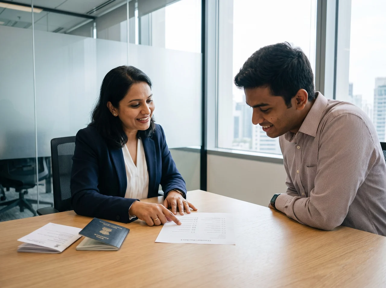 A Nasrec recruiter on a call with a job seeker, CV open on the desk
