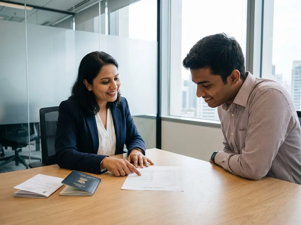 A Nasrec recruiter on a call with a job seeker, CV open on the desk