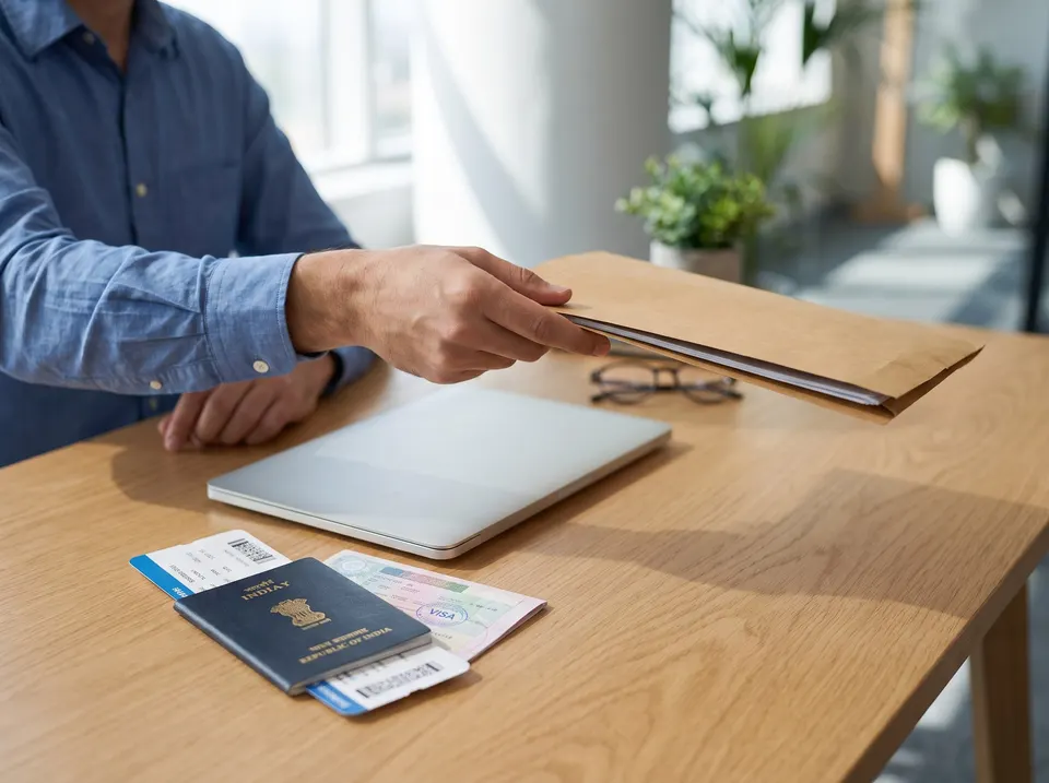 A job seeker at the airport departure gate with a passport and boarding pass