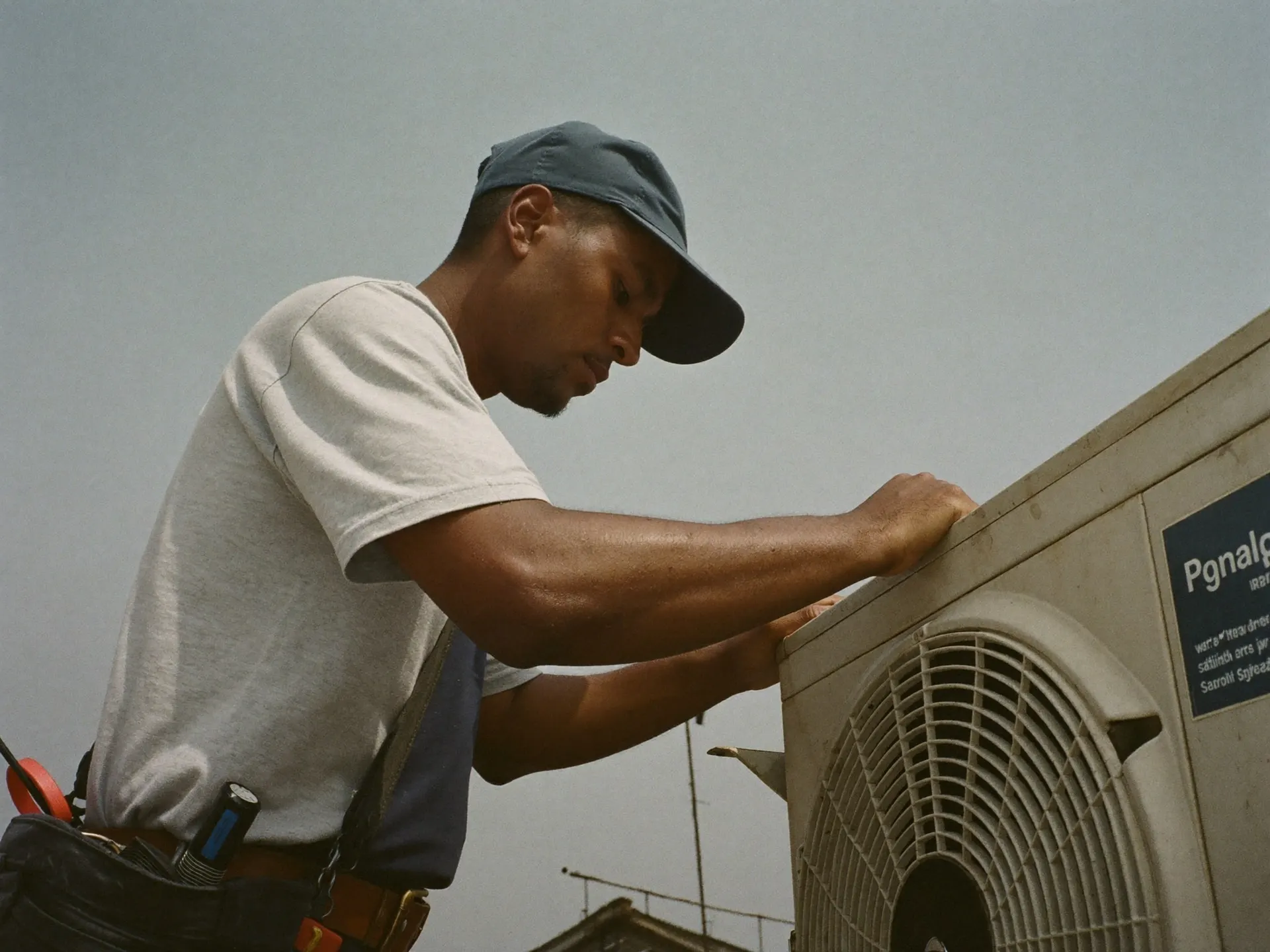 An Indian HVAC technician servicing a rooftop air-conditioning unit