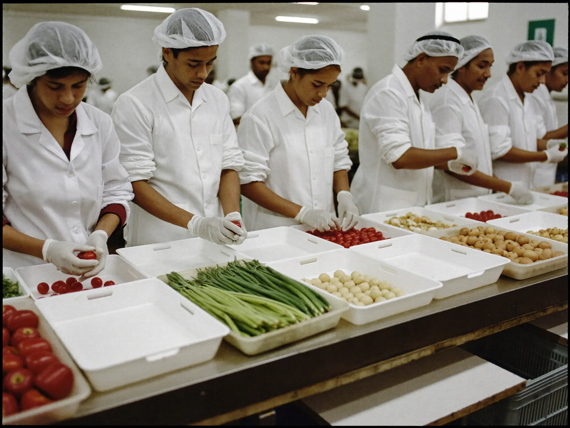 Indian workers in hairnets and gloves on a food packing line