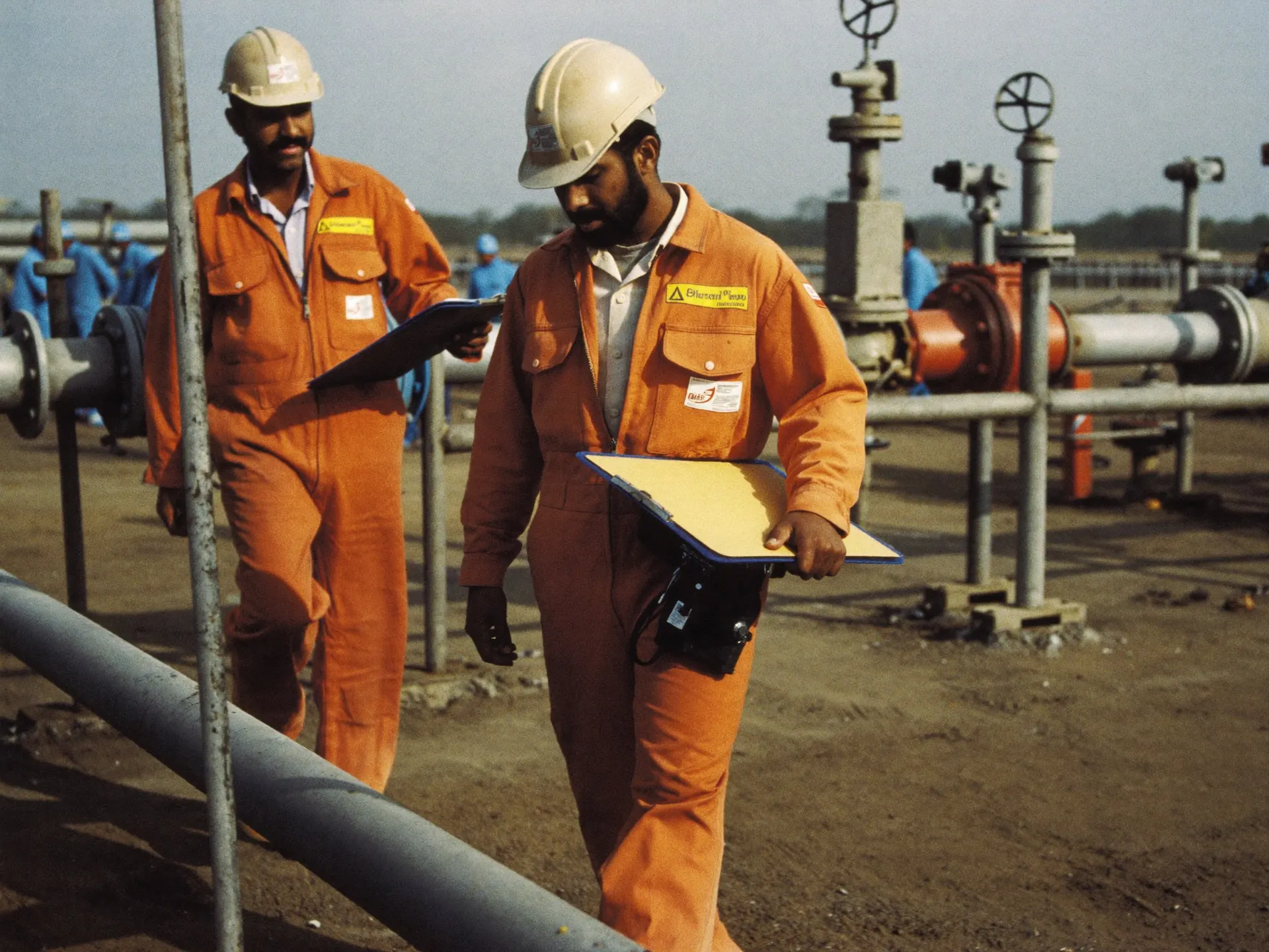 Indian technicians in safety gear walking through a petrochemical plant