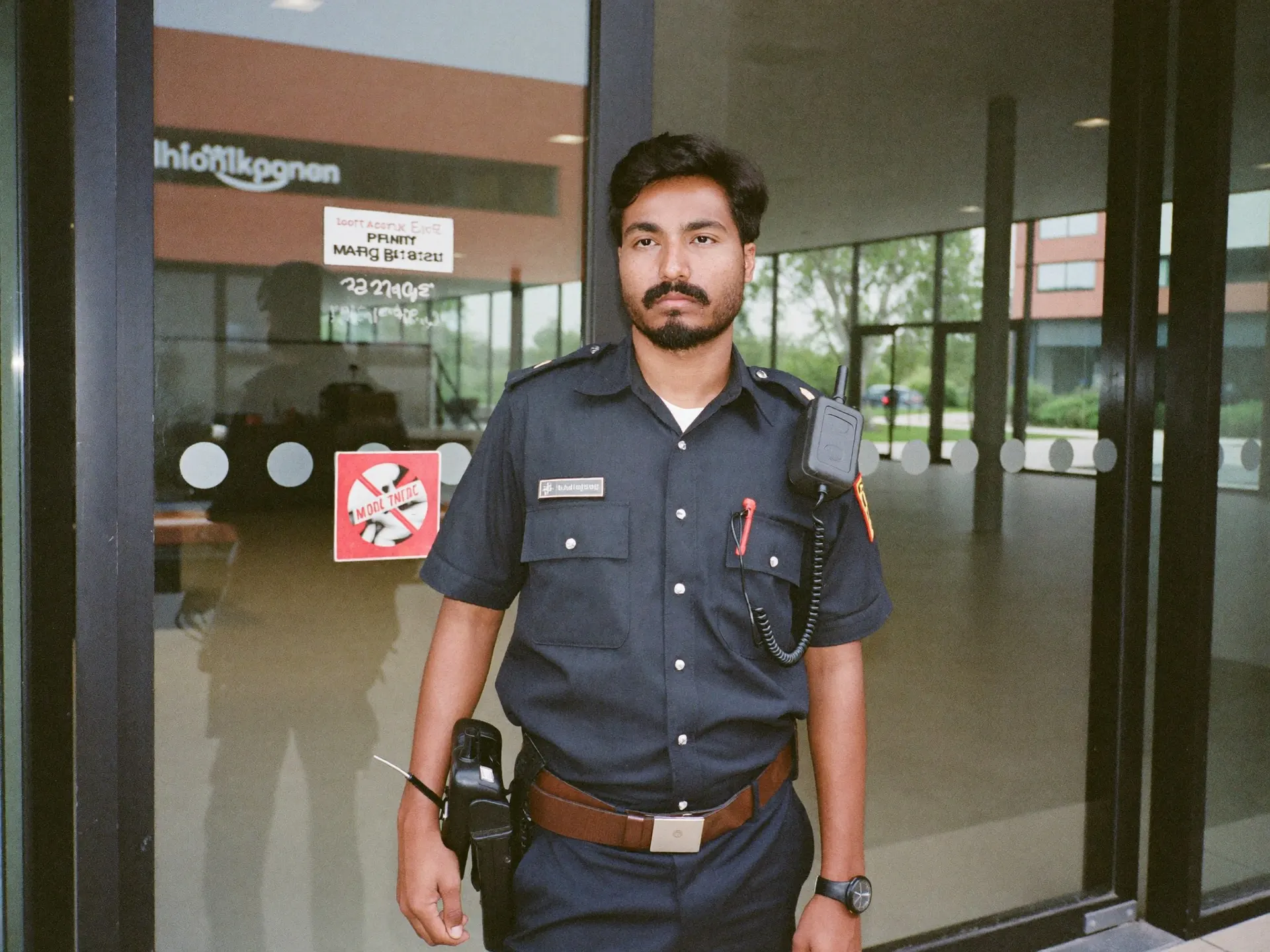 An Indian security officer in uniform at the entrance of a commercial building